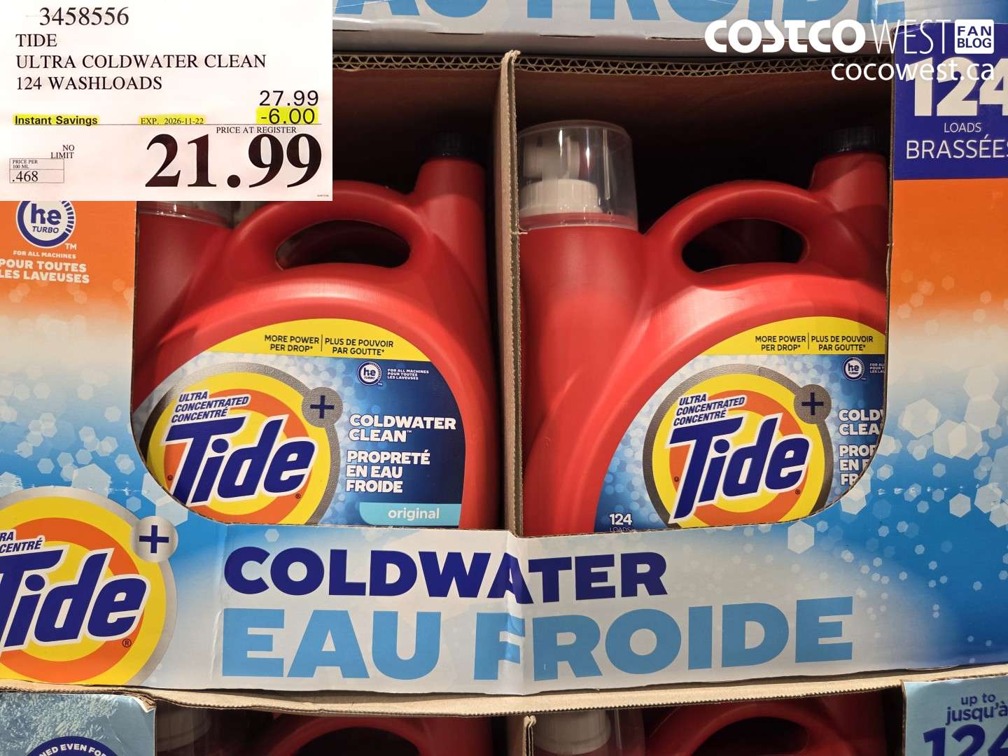 3458556 TIDE ULTRA COLDWATER CLEAN 124 WASHLOADS ($6.00 INSTANT SAVINGS EXPIRES ON 2026-11-22) $21.99