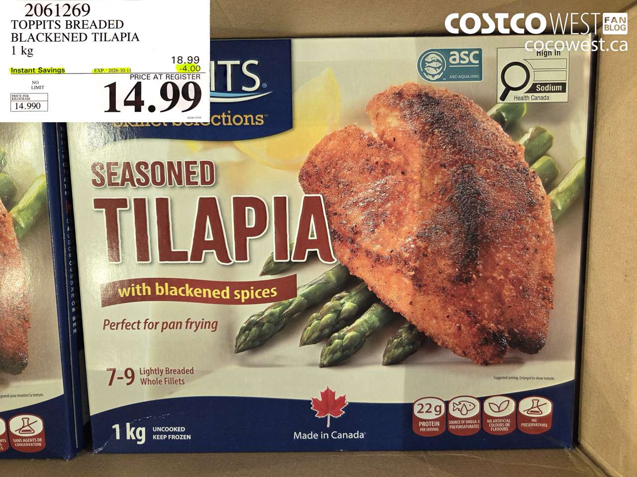 2061269 TOPPITS BREADED BLACKENED TILAPIA 1 KG ($4.00 INSTANT SAVINGS EXPIRES ON 2026-10-11) $14.99