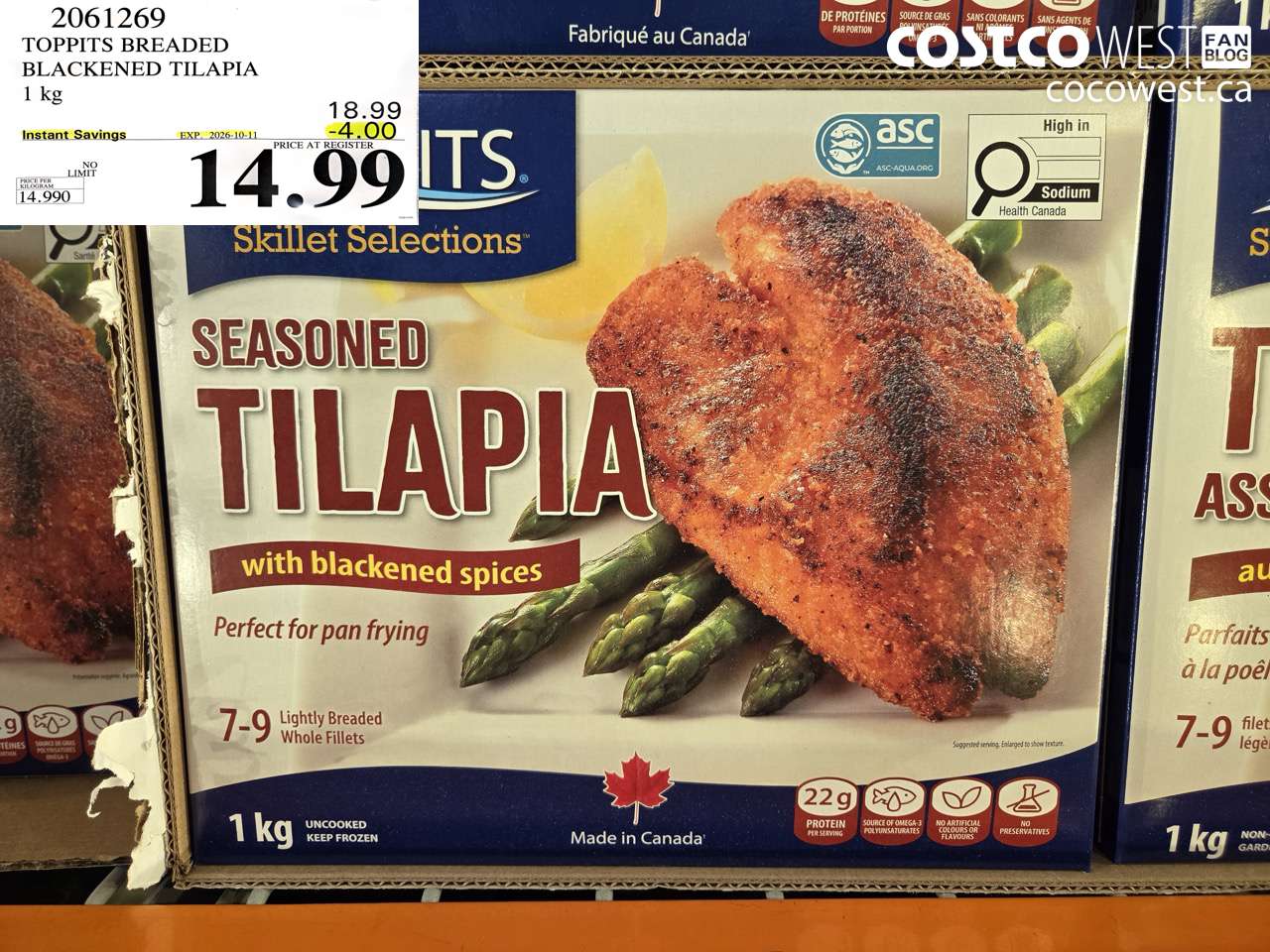 2061269 TOPPITS BREADED BLACKENED TILAPIA 1 KG ($4.00 INSTANT SAVINGS EXPIRES ON 2026-10-11) $14.99