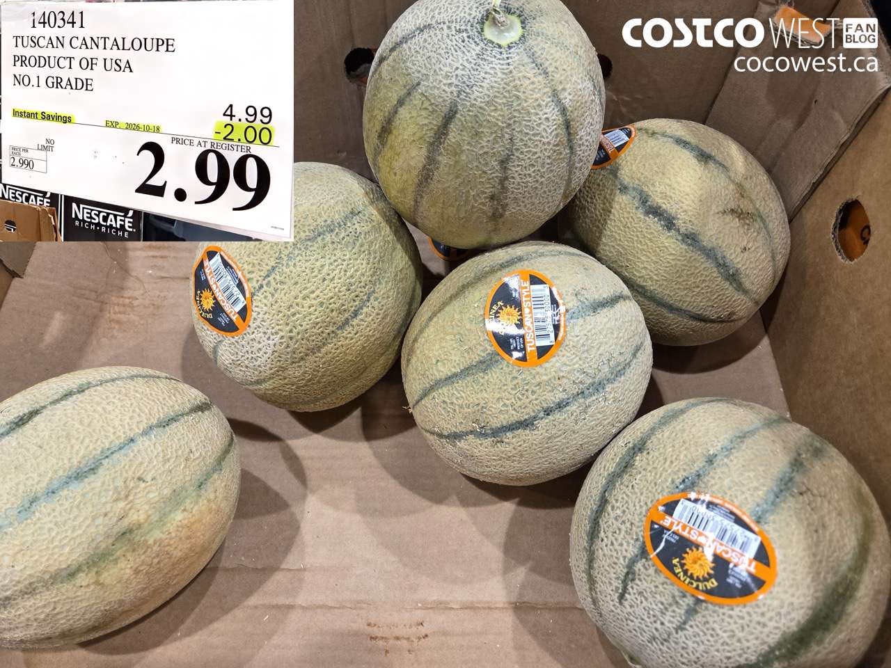140341 TUSCAN CANTALOUPE PRODUCT OF USA NO.1 GRADE ($2.00 INSTANT SAVINGS EXPIRES ON 2026-10-18) $2.99
