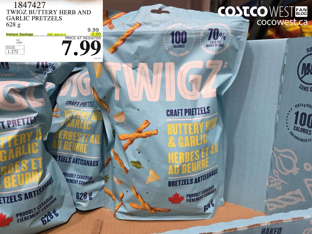 1847427 TWIGZ BUTTERY HERB AND GARLIC PRETZELS 628 G ($2.00 INSTANT SAVINGS EXPIRES ON 2026-10-11) $7.99