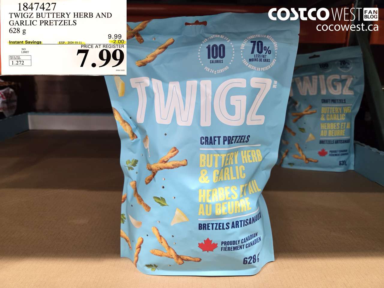 1847427 TWIGZ BUTTERY HERB AND GARLIC PRETZELS 628 G ($2.00 INSTANT SAVINGS EXPIRES ON 2026-10-11) $7.99