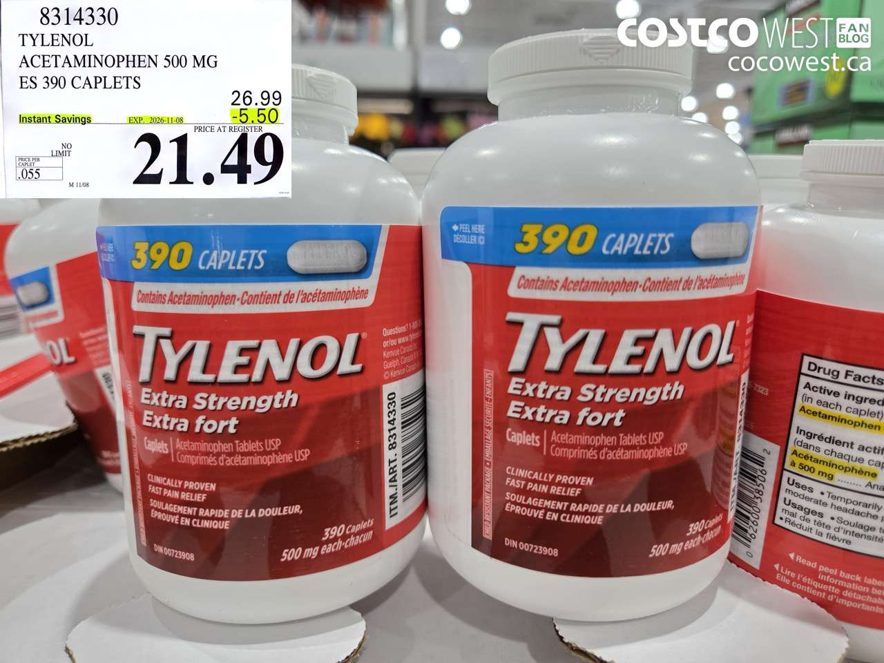 8314330 TYLENOL ACETAMINOPHEN 500 MG ES 390 CAPLETS ($5.50 INSTANT SAVINGS EXPIRES ON 2026-11-08) $21.49