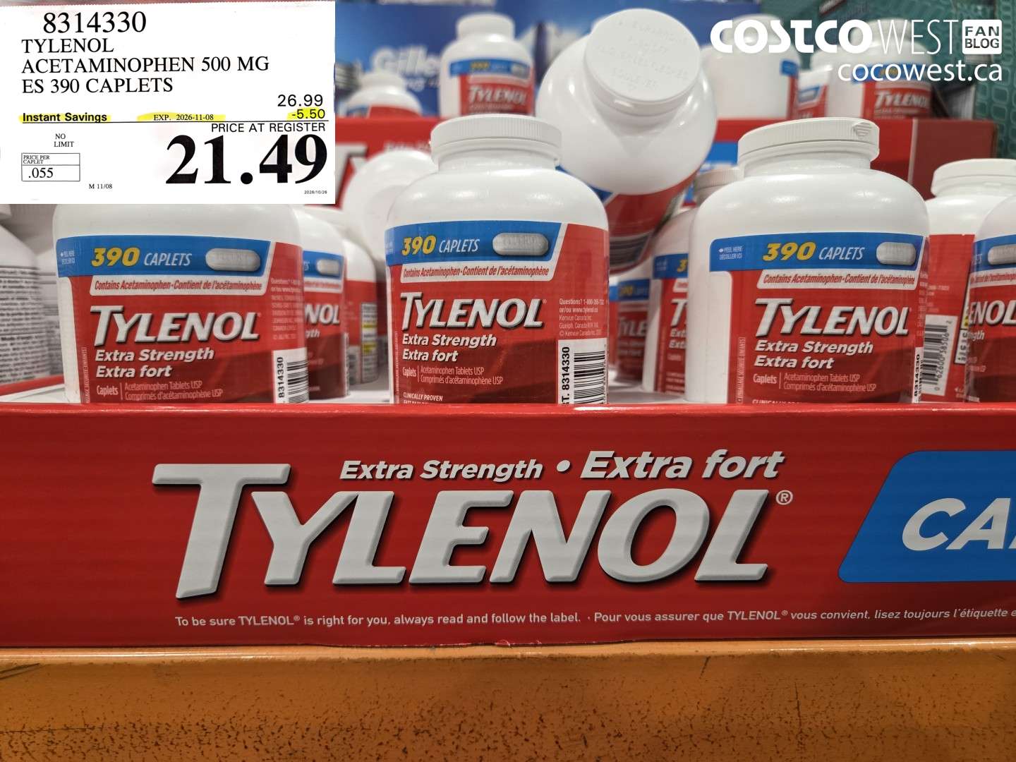 8314330 TYLENOL ACETAMINOPHEN 500 MG ES 390 CAPLETS ($5.50 INSTANT SAVINGS EXPIRES ON 2026-11-08) $21.49
