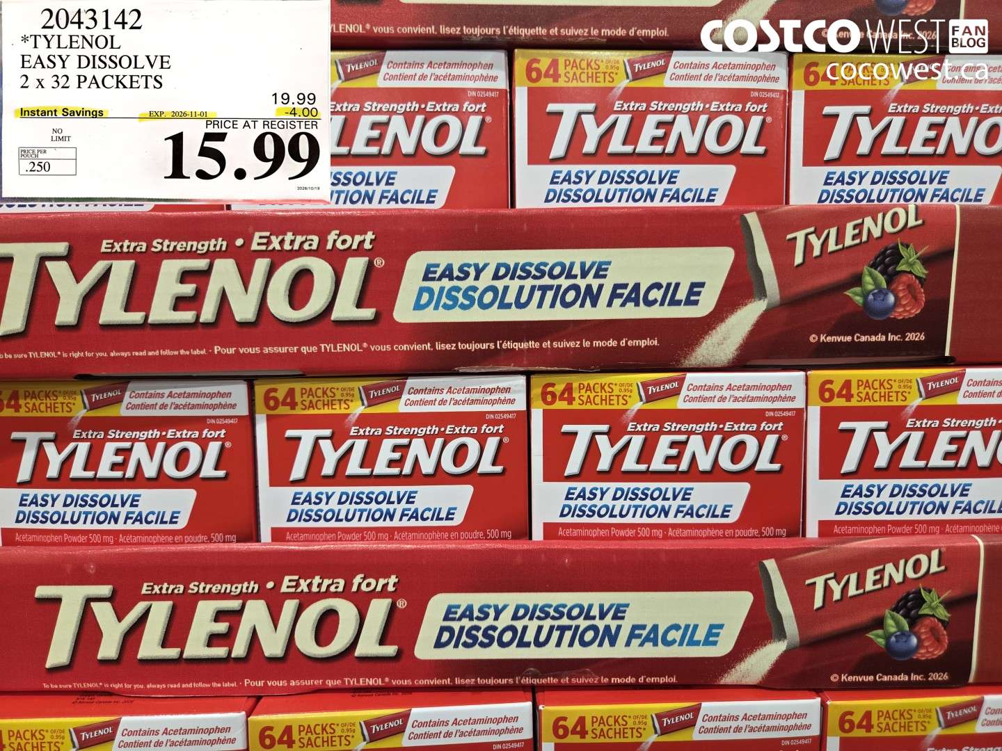 2043142 TYLENOL EASY DISSOLVE 2 X 32 PACKETS ($4.00 INSTANT SAVINGS EXPIRES ON 2026-11-01) $15.99