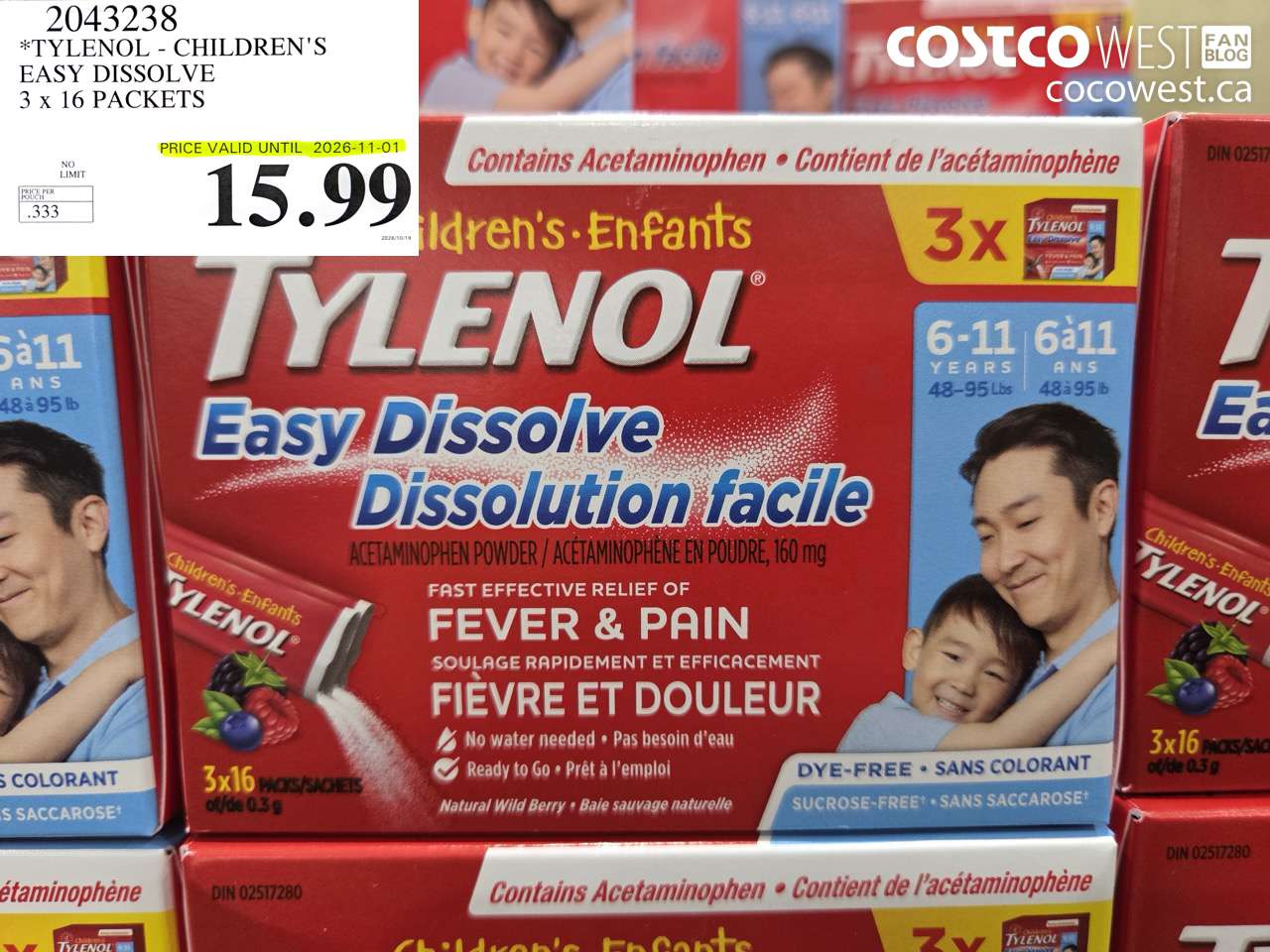 2043238 TYLENOL - CHILDREN'S EASY DISSOLVE 3 X 16 PACKETS (EXPIRES ON 2026-11-01) $15.99