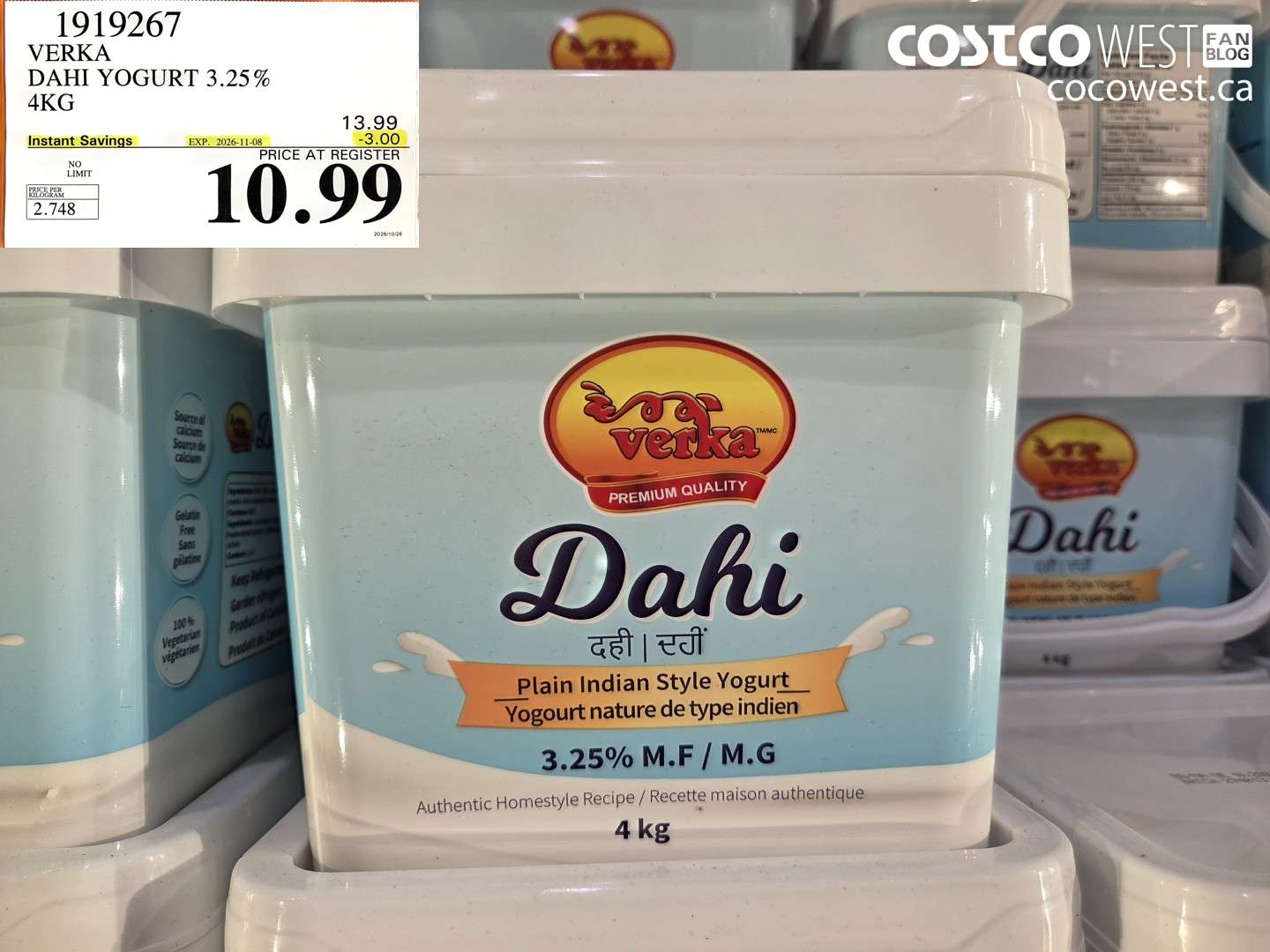 1919267 VERKA DAHI YOGURT 3.25% 4KG ($3.00 INSTANT SAVINGS EXPIRES ON 2026-11-08) $10.99