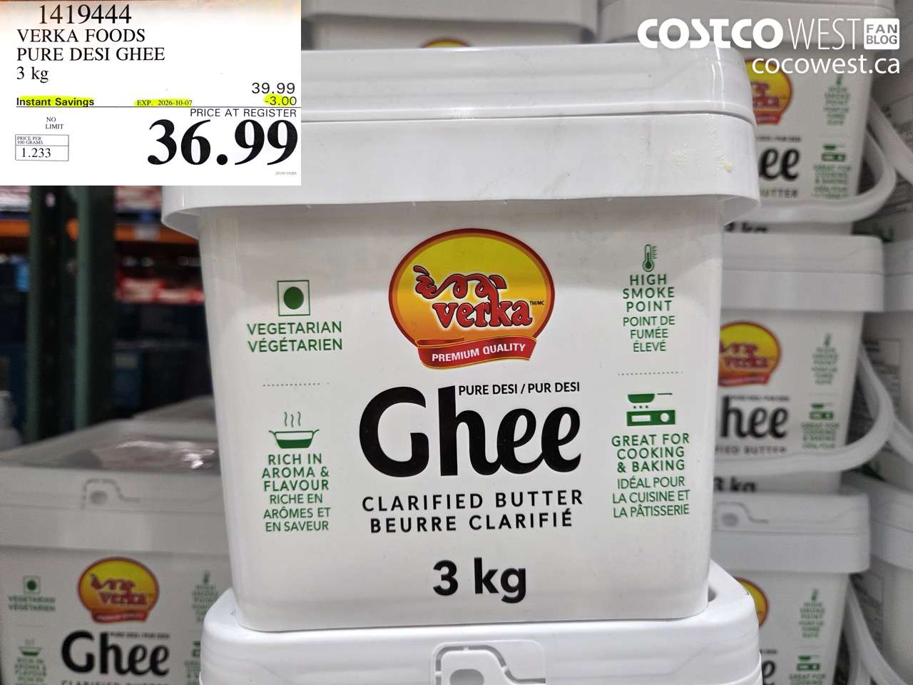 1419444 VERKA FOODS PURE DESI GHEE 3 KG ($3.00 INSTANT SAVINGS EXPIRES ON 2026-10-07) $36.99
