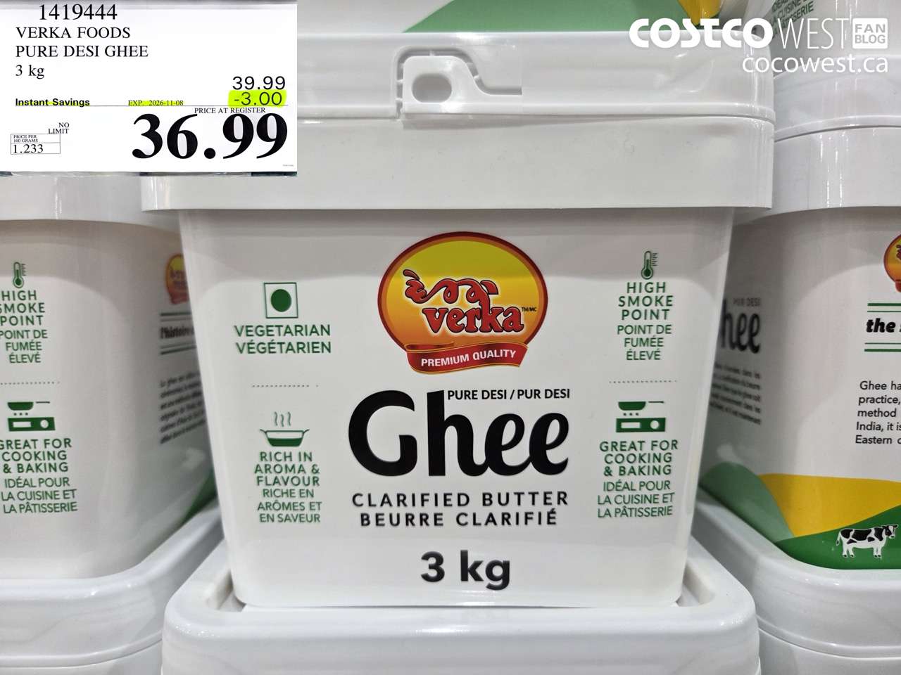1419444 VERKA FOODS PURE DESI GHEE 3 KG ($3.00 INSTANT SAVINGS EXPIRES ON 2026-11-08) $36.99