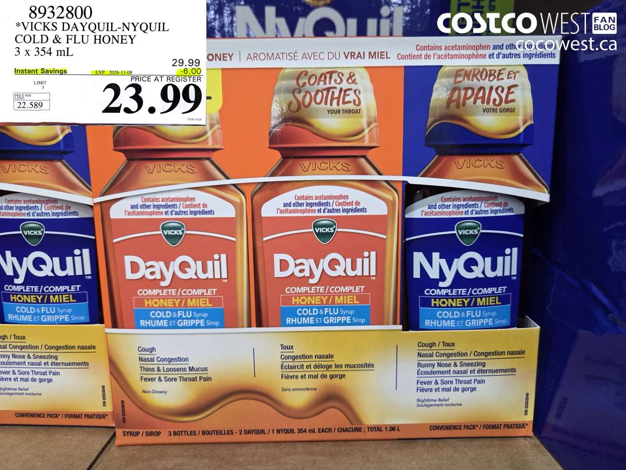 8932800 VICKS DAYQUIL-NYQUIL COLD & FLU HONEY 3 X 354 ML ($6.00 INSTANT SAVINGS EXPIRES ON 2026-11-08) $23.99