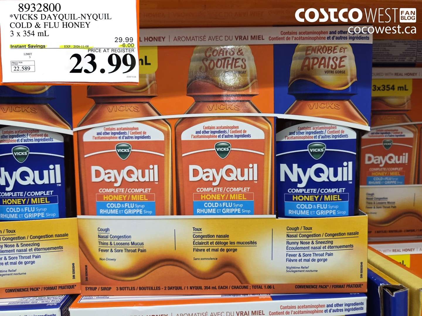8932800 VICKS DAYQUIL-NYQUIL COLD & FLU HONEY 3 X 354 ML ($6.00 INSTANT SAVINGS EXPIRES ON 2026-11-08) $23.99