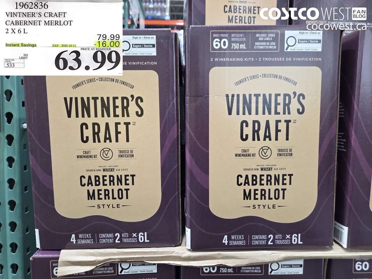 1962836 VINTNER'S CRAFT CABERNET MERLOT 2 X 6 L ($16.00 INSTANT SAVINGS EXPIRES ON 2026-10-11) $63.99