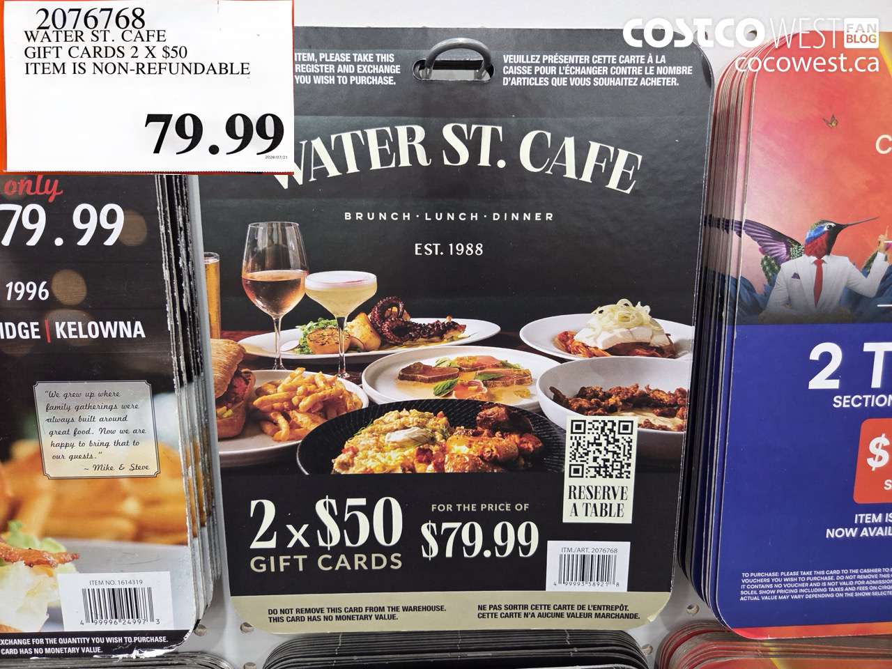 2076768 WATER ST. CAFE GIFT CARDS 2 X $50 ITEM IS NON-REFUNDABLE $79.99