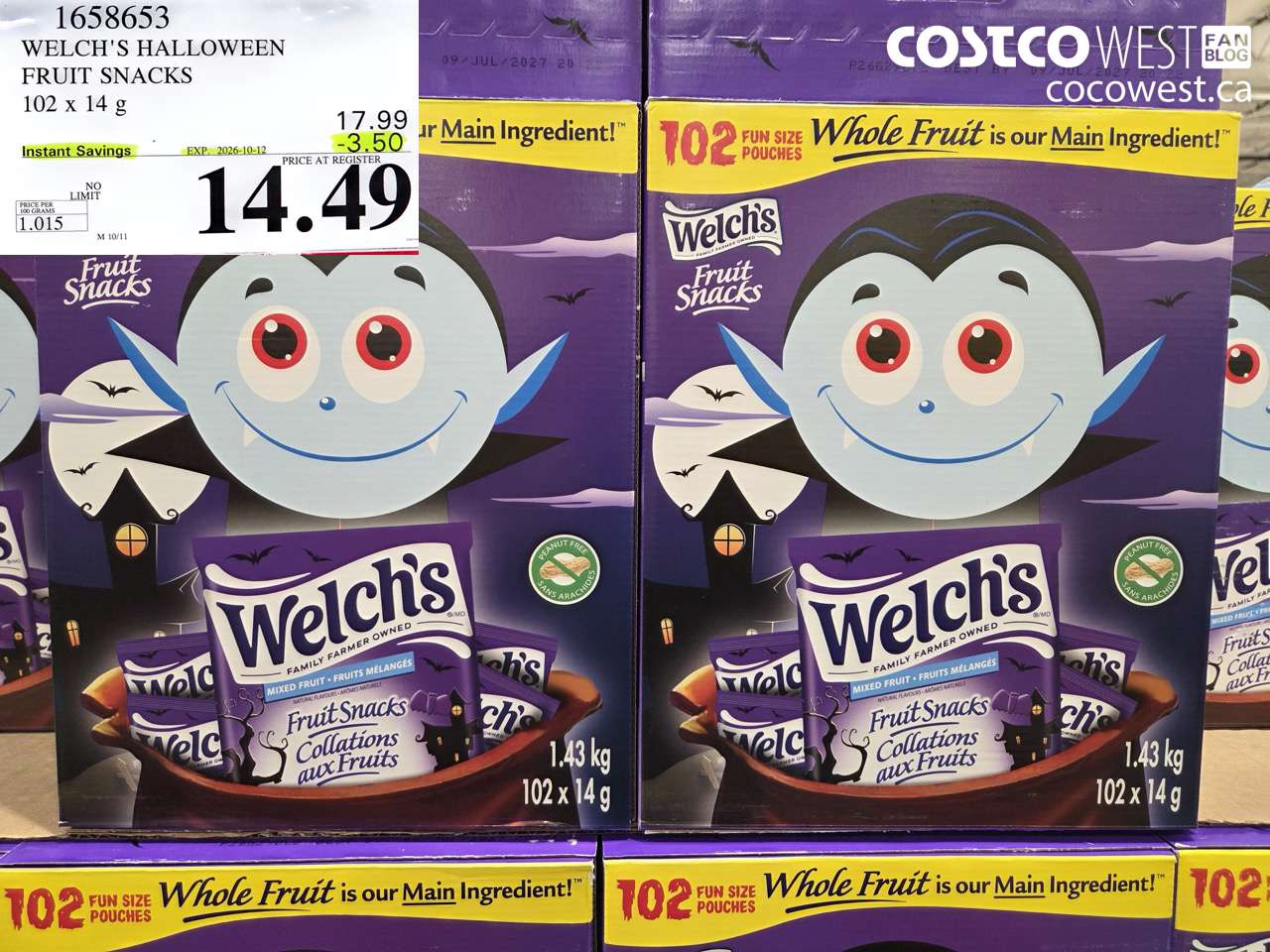 1658653 WELCH'S HALLOWEEN FRUIT SNACKS 102 X 14 G ($3.50 INSTANT SAVINGS EXPIRES ON 2026-10-12) $14.49