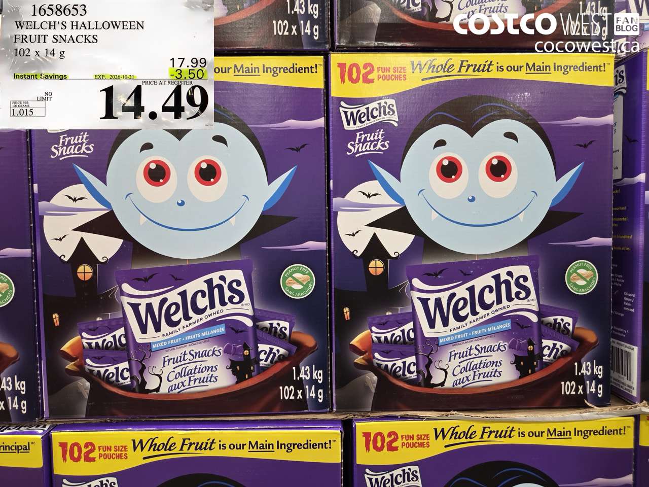1658653 WELCH'S HALLOWEEN FRUIT SNACKS 102 X 14 G ($3.50 INSTANT SAVINGS EXPIRES ON 2026-10-21) $14.49
