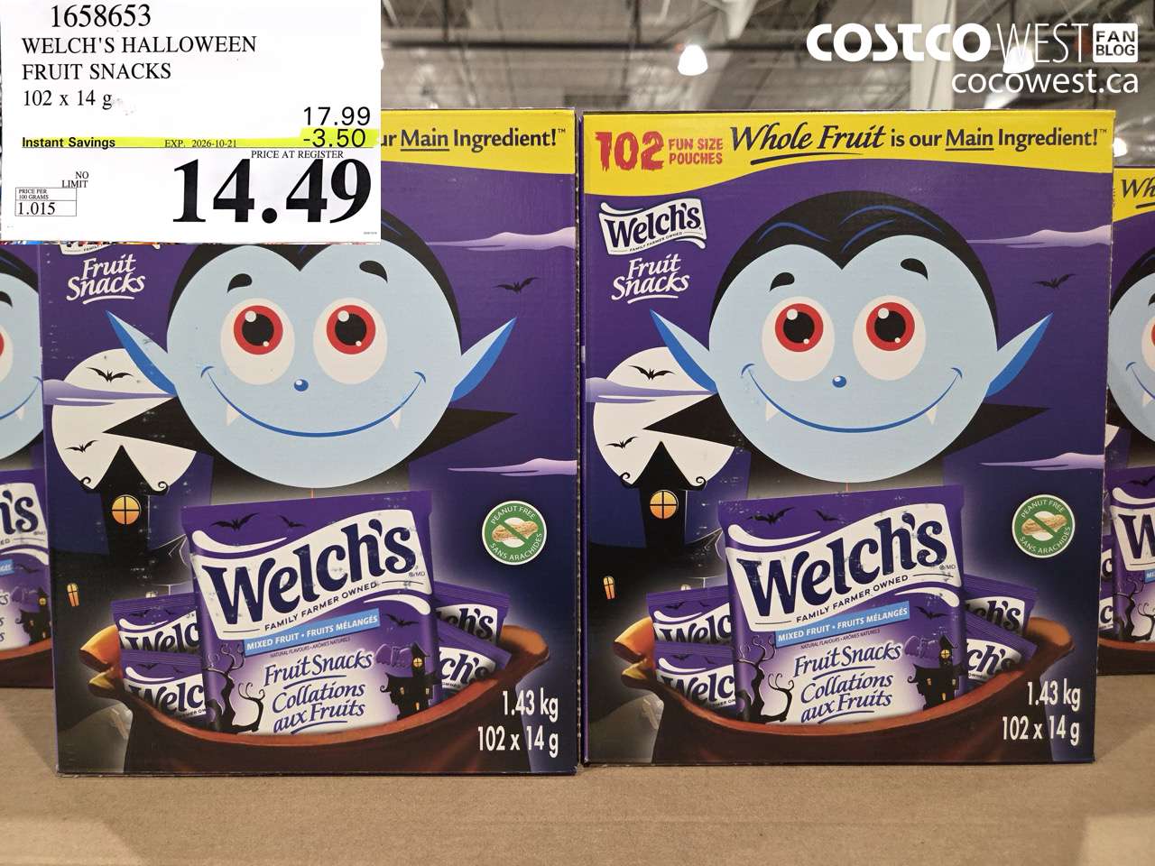 1658653 WELCH'S HALLOWEEN FRUIT SNACKS 102 X 14 G ($3.50 INSTANT SAVINGS EXPIRES ON 2026-10-21) $14.49