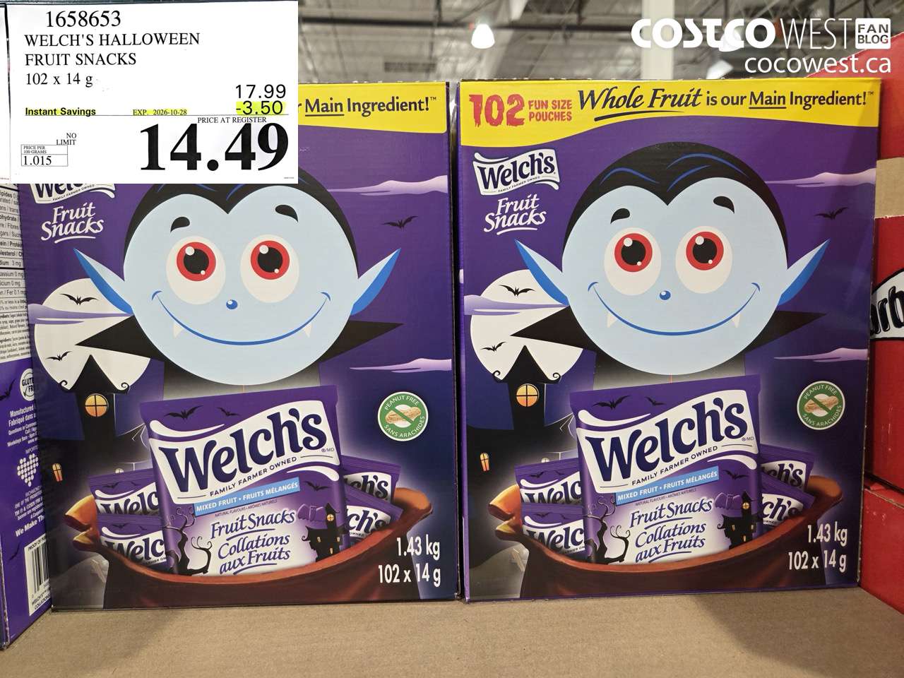 1658653 WELCH'S HALLOWEEN FRUIT SNACKS 102 X 14 G ($3.50 INSTANT SAVINGS EXPIRES ON 2026-10-28) $14.49