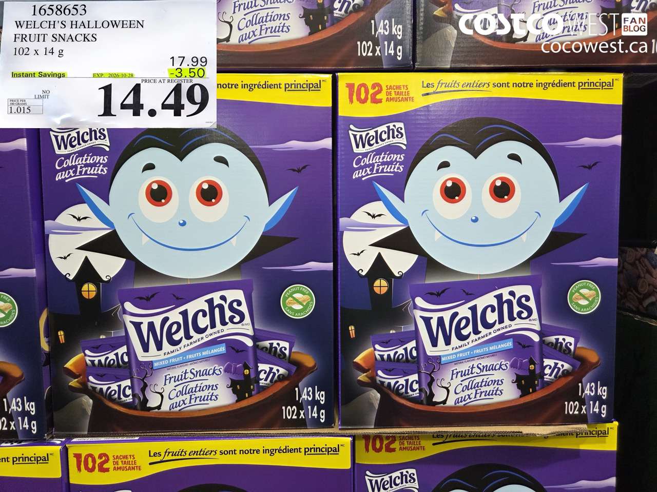 1658653 WELCH'S HALLOWEEN FRUIT SNACKS 102 X 14 G ($3.50 INSTANT SAVINGS EXPIRES ON 2026-10-28) $14.49