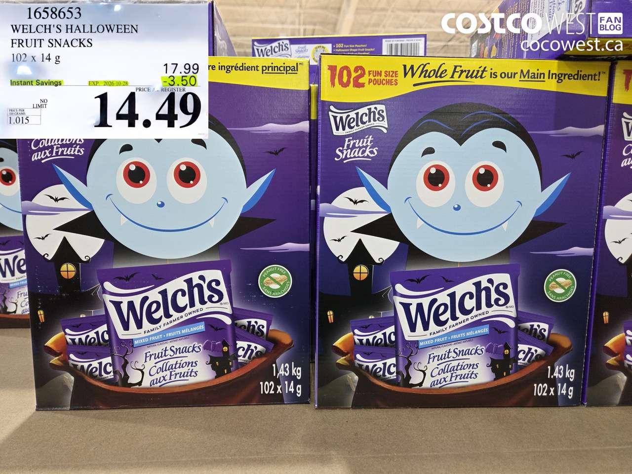 1658653 WELCH'S HALLOWEEN FRUIT SNACKS 102 X 14 G ($3.50 INSTANT SAVINGS EXPIRES ON 2026-10-28) $14.49