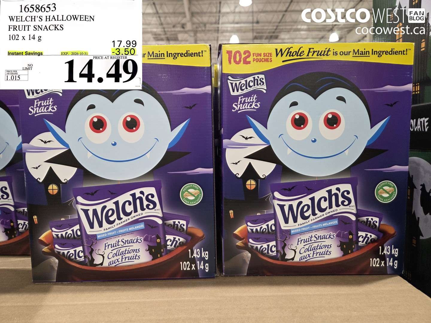 1658653 WELCH'S HALLOWEEN FRUIT SNACKS 102 X 14 G ($3.50 INSTANT SAVINGS EXPIRES ON 2026-10-31) $14.49