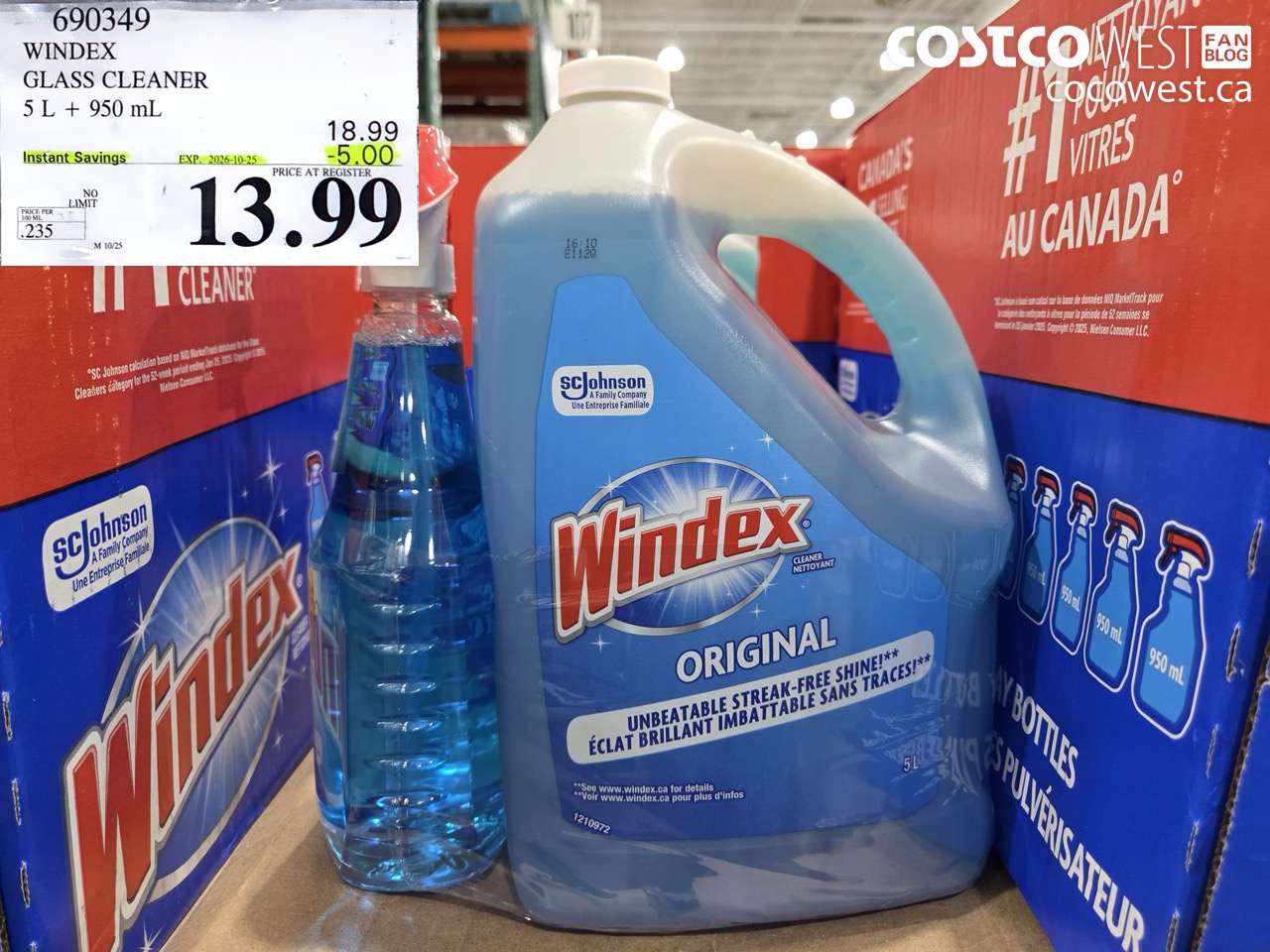 690349 WINDEX GLASS CLEANER 5 L + 950 ML ($5.00 INSTANT SAVINGS EXPIRES ON 2026-10-25) $13.99
