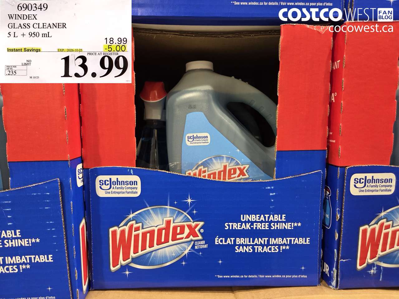 690349 WINDEX GLASS CLEANER 5 L + 950 ML ($5.00 INSTANT SAVINGS EXPIRES ON 2026-10-25) $13.99