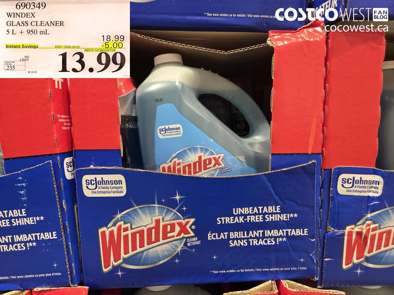 690349 WINDEX GLASS CLEANER 5 L + 950 ML ($5.00 INSTANT SAVINGS EXPIRES ON 2026-10-25) $13.99