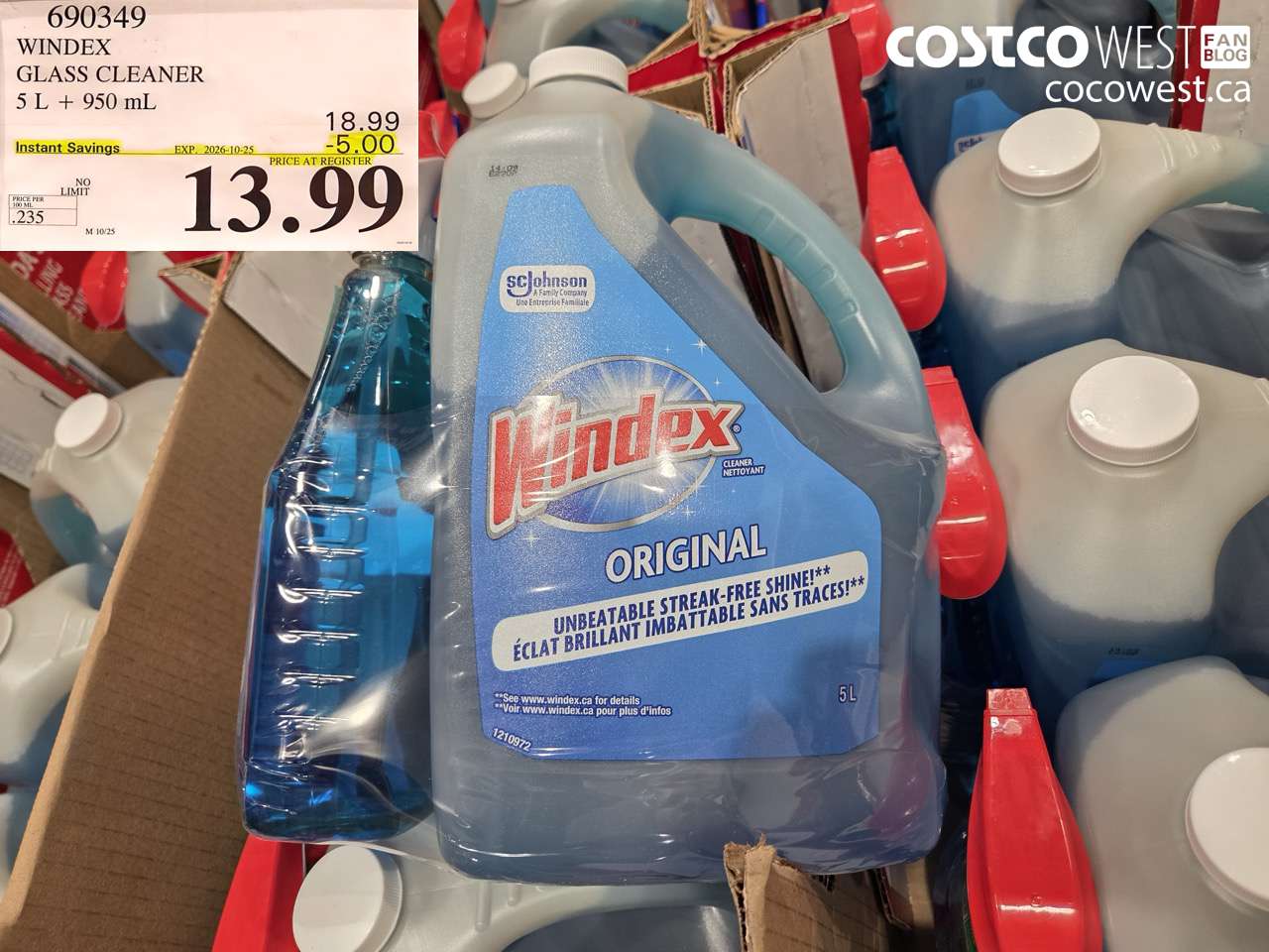 690349 WINDEX GLASS CLEANER 5 L + 950 ML ($5.00 INSTANT SAVINGS EXPIRES ON 2026-10-25) $13.99