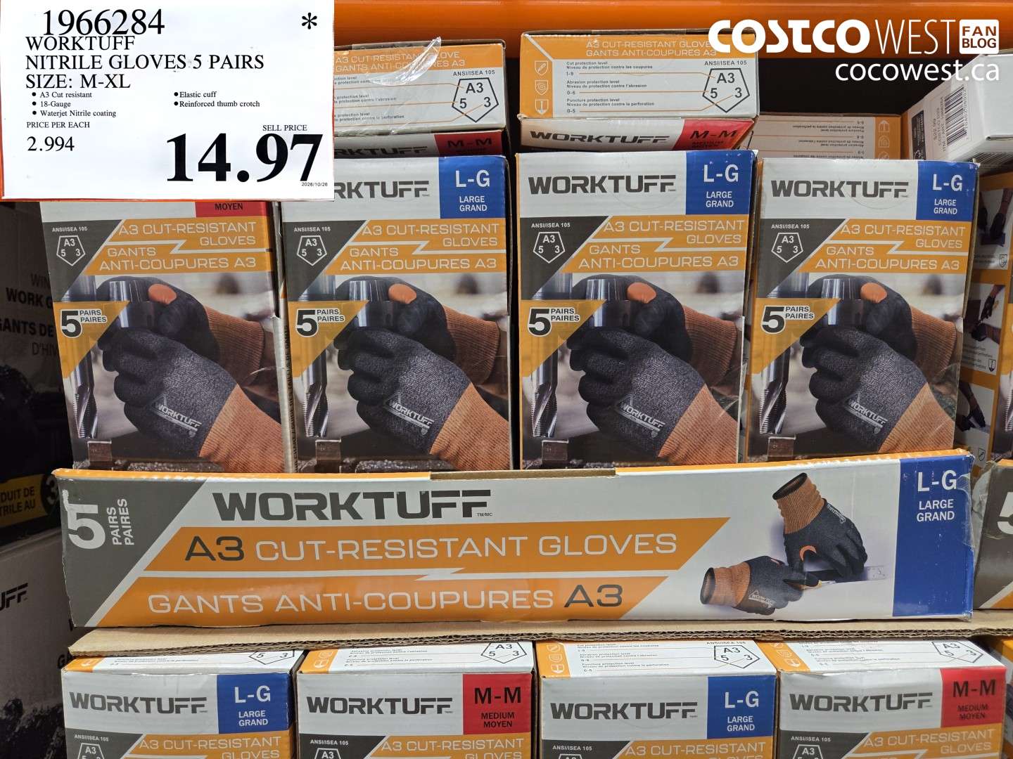 1966284 WORKTUFF NITRILE GLOVES 5 PAIRS SIZE: M-XL $14.97