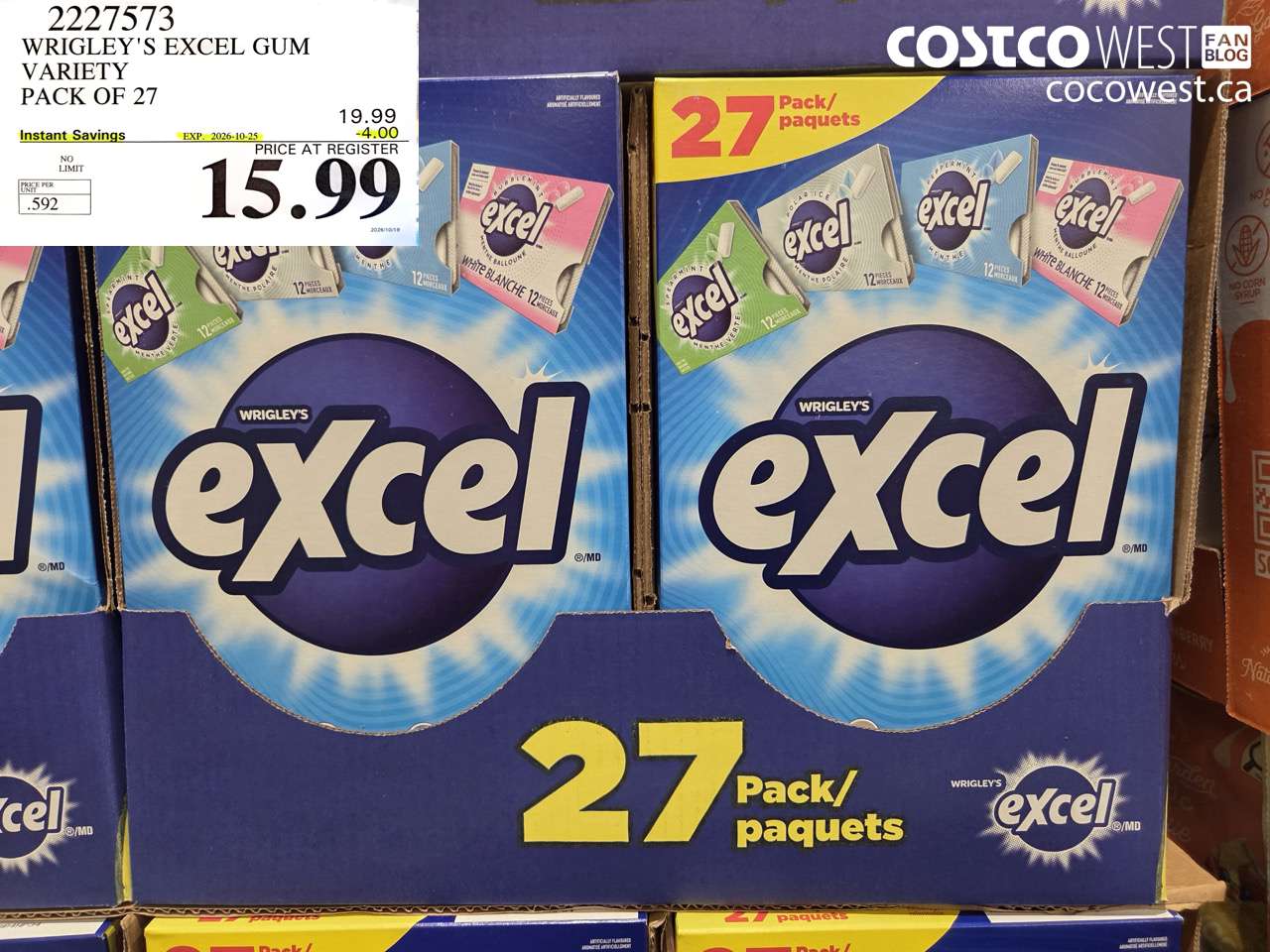 2227573 WRIGLEY'S EXCEL GUM VARIETY PACK OF 27 ($4.00 INSTANT SAVINGS EXPIRES ON 2026-10-25) $15.99