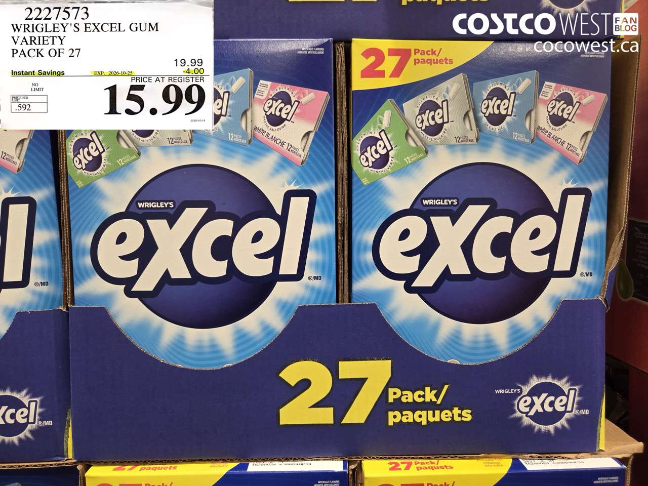 2227573 WRIGLEY'S EXCEL GUM VARIETY PACK OF 27 ($4.00 INSTANT SAVINGS EXPIRES ON 2026-10-25) $15.99