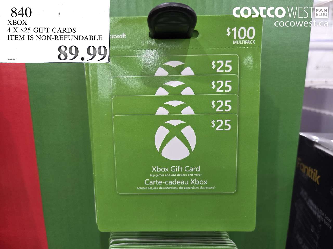 840 XBOX 4 X $25 GIFT CARDS $89.99