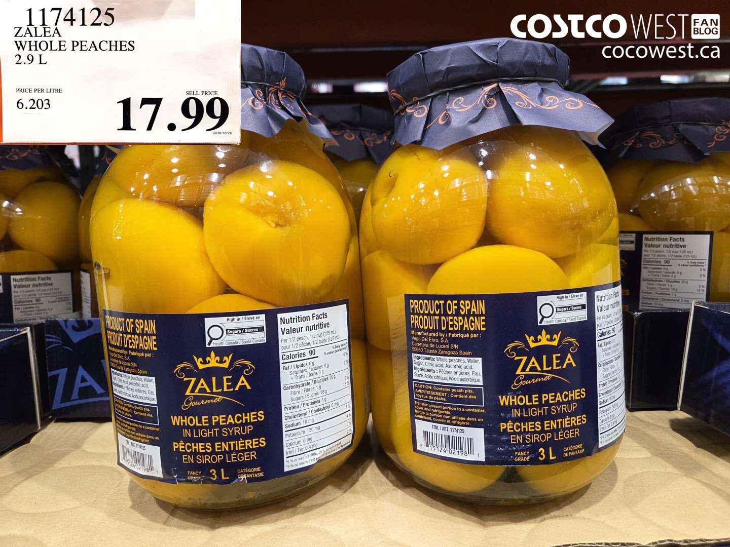 1174125 ZALEA WHOLE PEACHES 2.9 L $17.99