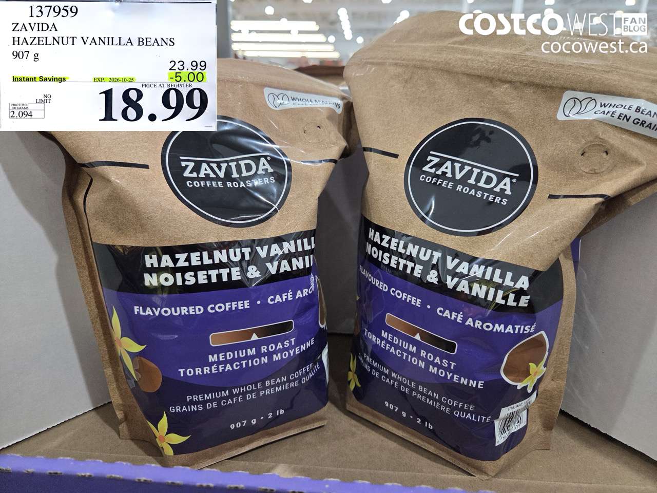 137959 ZAVIDA HAZELNUT VANILLA BEANS 907 G ($5.00 INSTANT SAVINGS EXPIRES ON 2026-10-25) $18.99