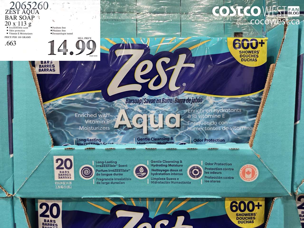 2065260 ZEST AQUA BAR SOAP 20 X 113 G $14.99