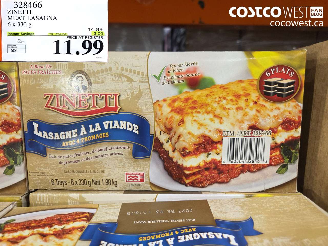 328466 ZINETTI MEAT LASAGNA 6 X 330 G ($3.00 INSTANT SAVINGS EXPIRES ON 2026-10-25) $11.99