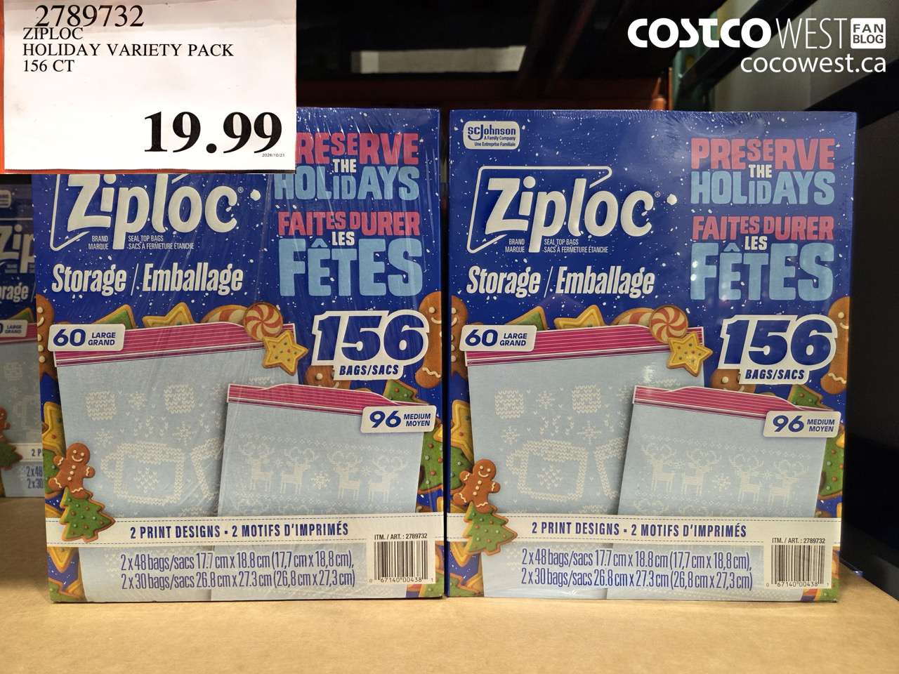 2789732 ZIPLOC HOLIDAY VARIETY PACK 156 CT $19.99