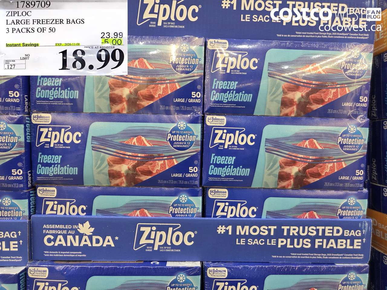 1789709 ZIPLOC LARGE FREEZER BAGS 3 PACKS OF 50 ($5.00 INSTANT SAVINGS EXPIRES ON 2026-11-08) $18.99