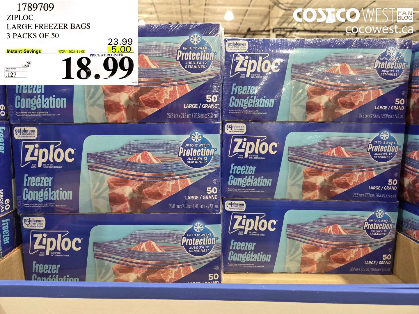 1789709 ZIPLOC LARGE FREEZER BAGS 3 PACKS OF 50 ($5.00 INSTANT SAVINGS EXPIRES ON 2026-11-08) $18.99