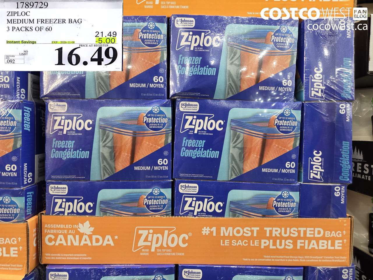 1789729 ZIPLOC MEDIUM FREEZER BAG 3 PACKS OF 60 ($5.00 INSTANT SAVINGS EXPIRES ON 2026-11-08) $16.49