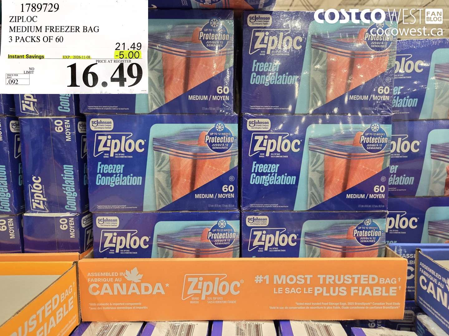 1789729 ZIPLOC MEDIUM FREEZER BAG 3 PACKS OF 60 ($5.00 INSTANT SAVINGS EXPIRES ON 2026-11-08) $16.49