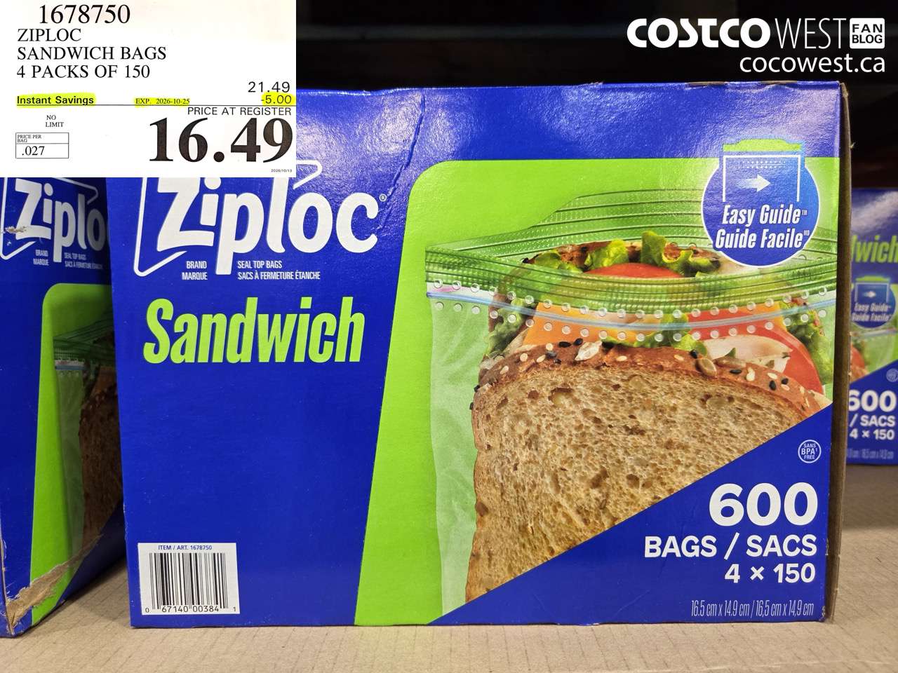 1678750 ZIPLOC SANDWICH BAGS 4 PACKS OF 150 ($5.00 INSTANT SAVINGS EXPIRES ON 2026-10-25) $16.49