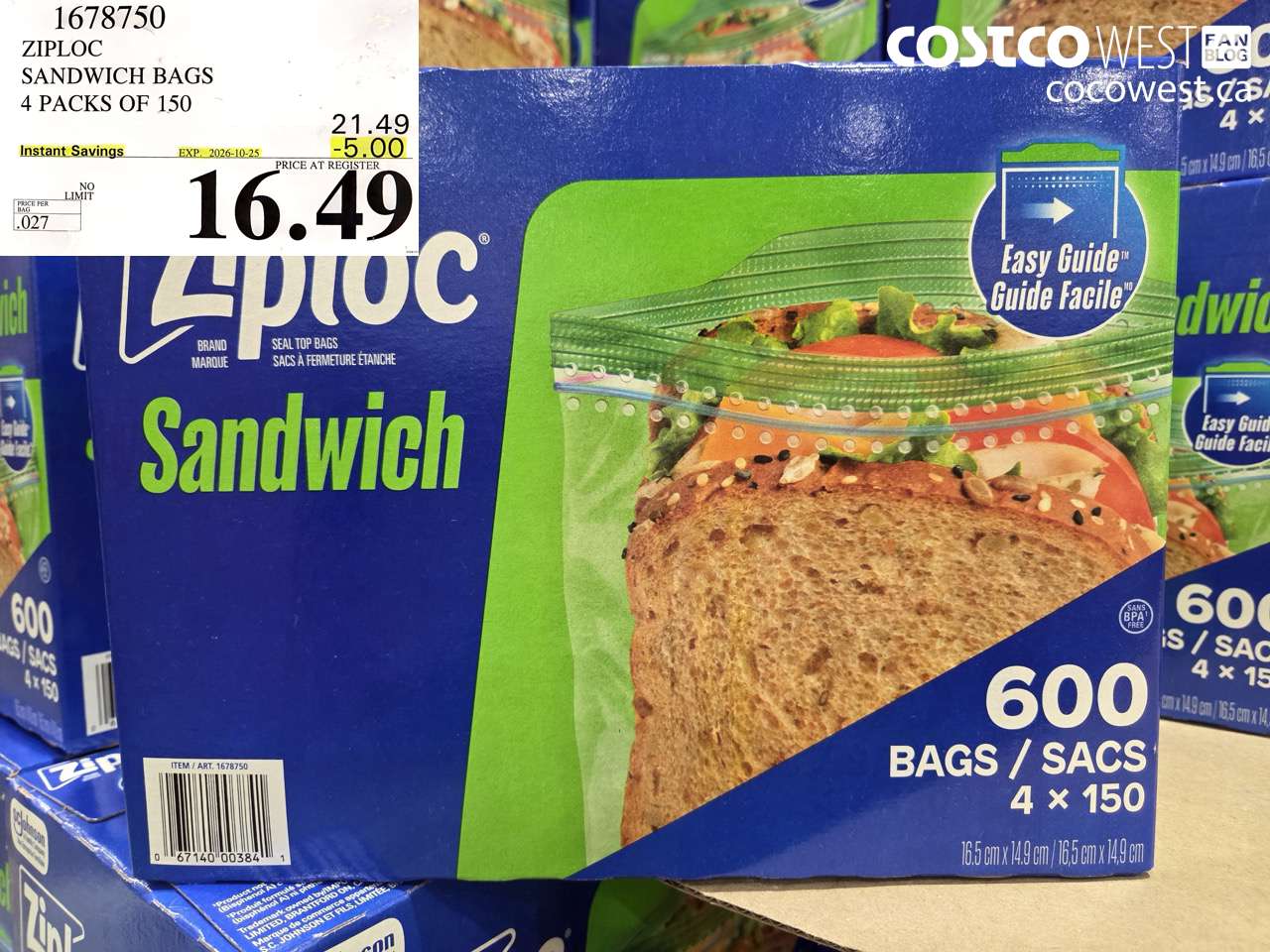 1678750 ZIPLOC SANDWICH BAGS 4 PACKS OF 150 ($5.00 INSTANT SAVINGS EXPIRES ON 2026-10-25) $16.49
