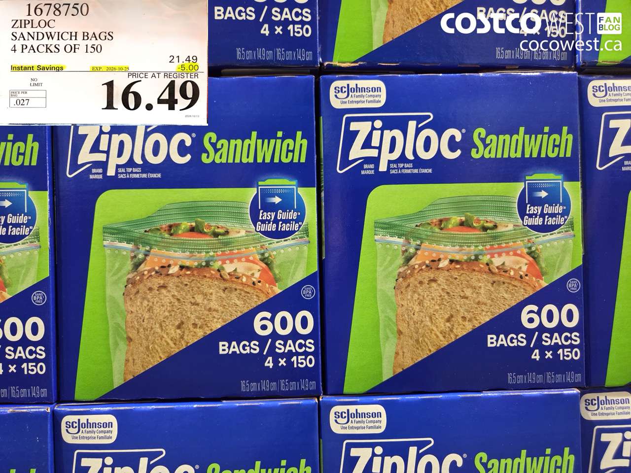 1678750 ZIPLOC SANDWICH BAGS 4 PACKS OF 150 ($5.00 INSTANT SAVINGS EXPIRES ON 2026-10-25) $16.49