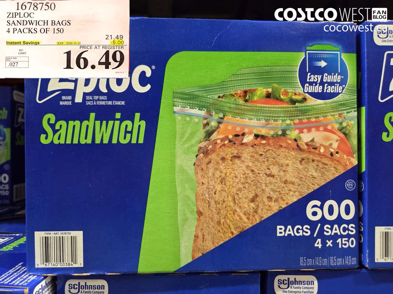 1678750 ZIPLOC SANDWICH BAGS 4 PACKS OF 150 ($5.00 INSTANT SAVINGS EXPIRES ON 2026-10-25) $16.49