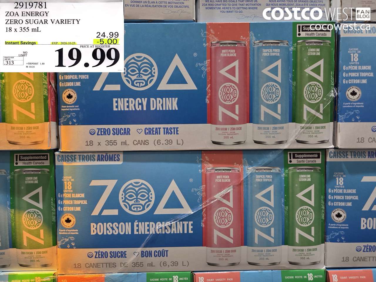 2919781 ZOA ENERGY ZERO SUGAR VARIETY 18 X 355 ML ($5.00 INSTANT SAVINGS EXPIRES ON 2026-10-25) $19.99