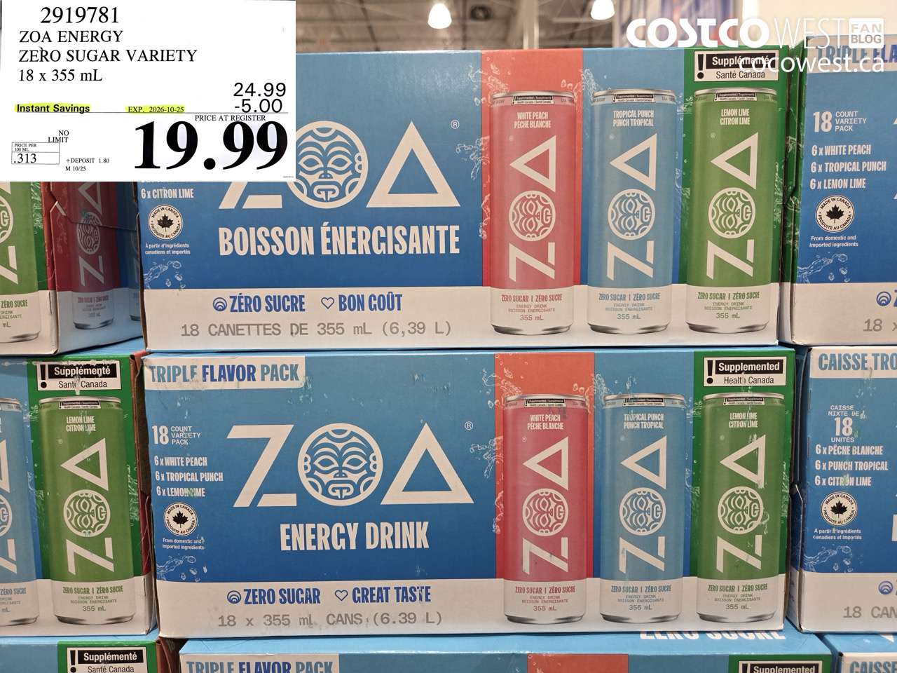 2919781 ZOA ENERGY ZERO SUGAR VARIETY 18 X 355 ML ($5.00 INSTANT SAVINGS EXPIRES ON 2026-10-25) $19.99