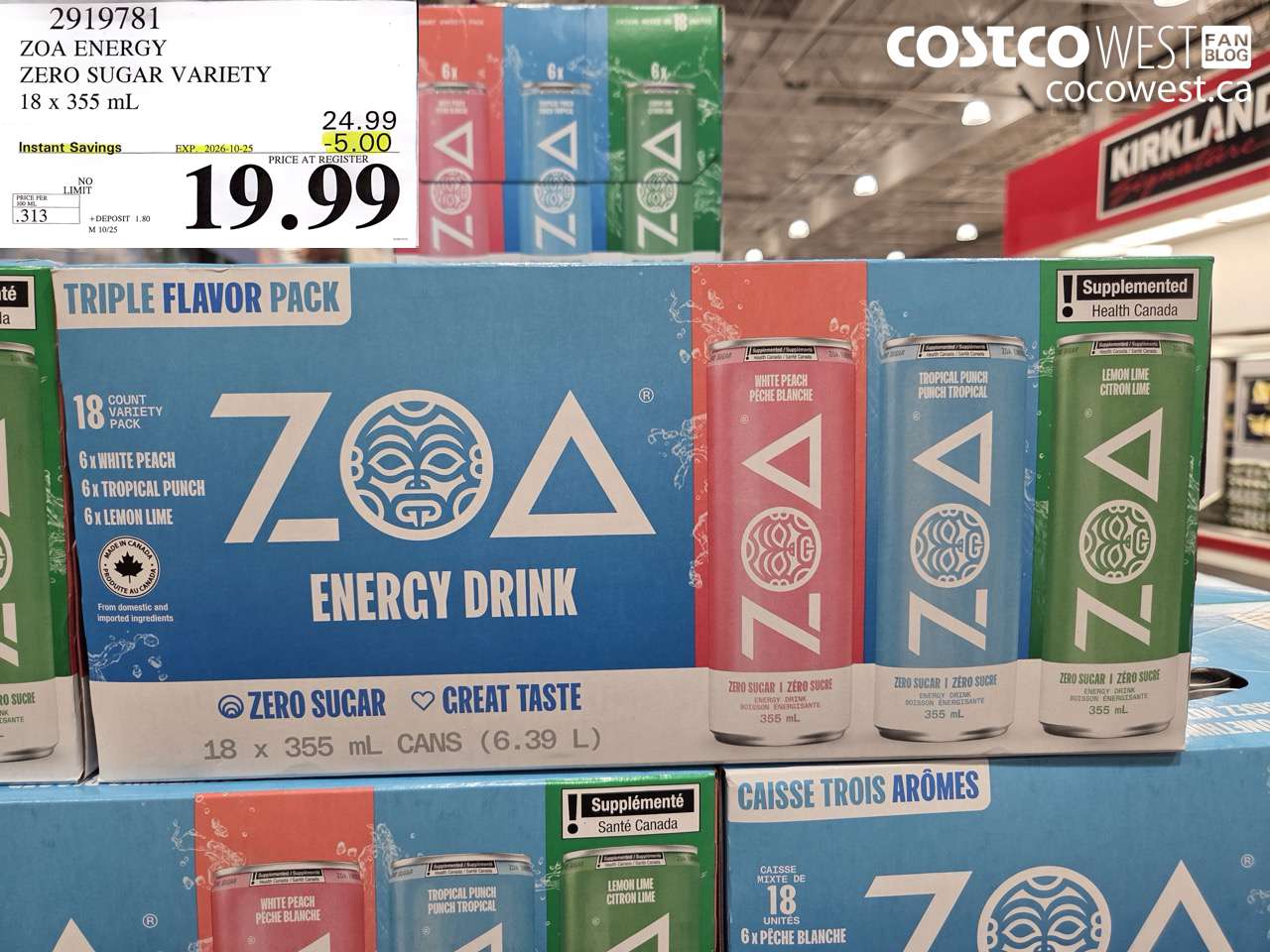 2919781 ZOA ENERGY ZERO SUGAR VARIETY 18 X 355 ML ($5.00 INSTANT SAVINGS EXPIRES ON 2026-10-25) $19.99