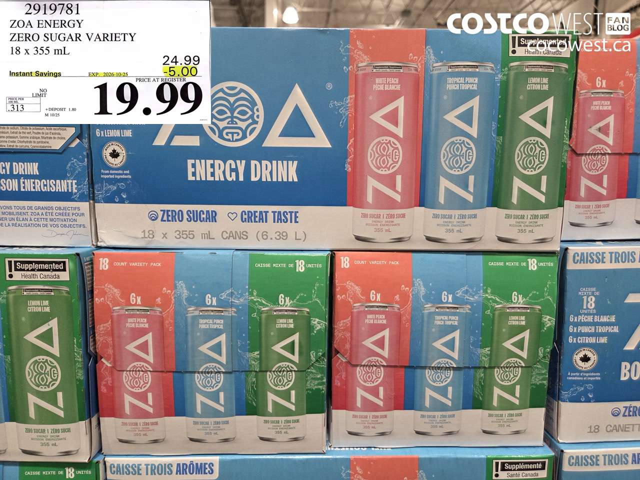 2919781 ZOA ENERGY ZERO SUGAR VARIETY 18 X 355 ML ($5.00 INSTANT SAVINGS EXPIRES ON 2026-10-25) $19.99
