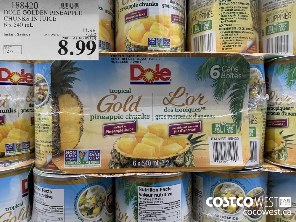 188420 DOLE GOLDEN PINEAPPLE CHUNKS IN JUICE 6 x 540 mL EXP. 2020-10-11 8.99